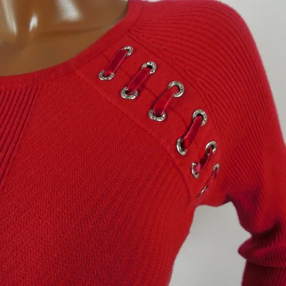 INC Top M Red Ribbed Sweater Velvet Lace Up Rhinestone Grommets Party Shirt - Picture 4 of 9